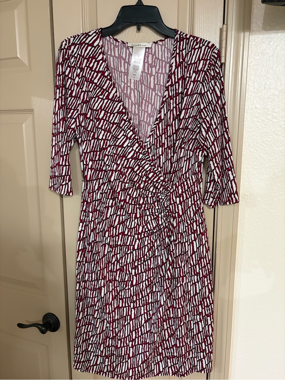 Laundry by Design Burgundy and White Abstract Wrap Dress
